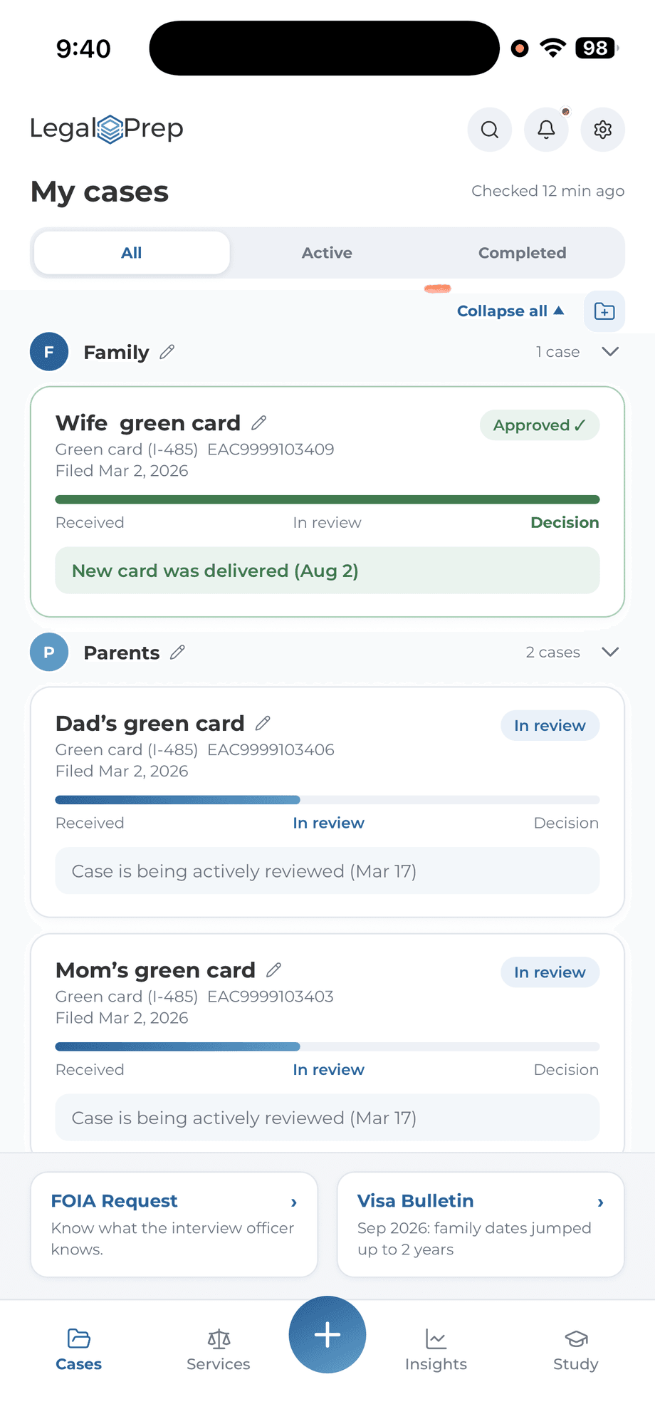 The Legal Prep app showing a list of tracked USCIS cases, each with its filing status and latest update