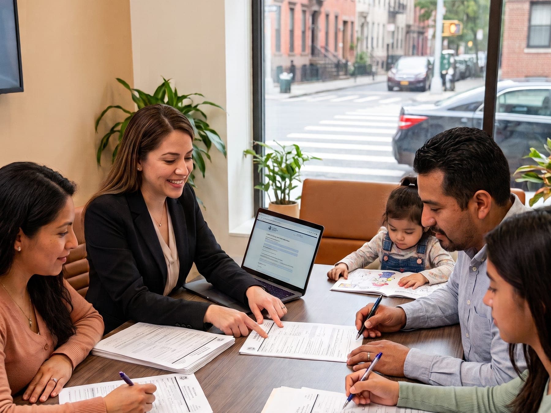 A Legal Prep paralegal goes through USCIS forms at a table with a family, papers and a laptop spread between them, in the New York office.